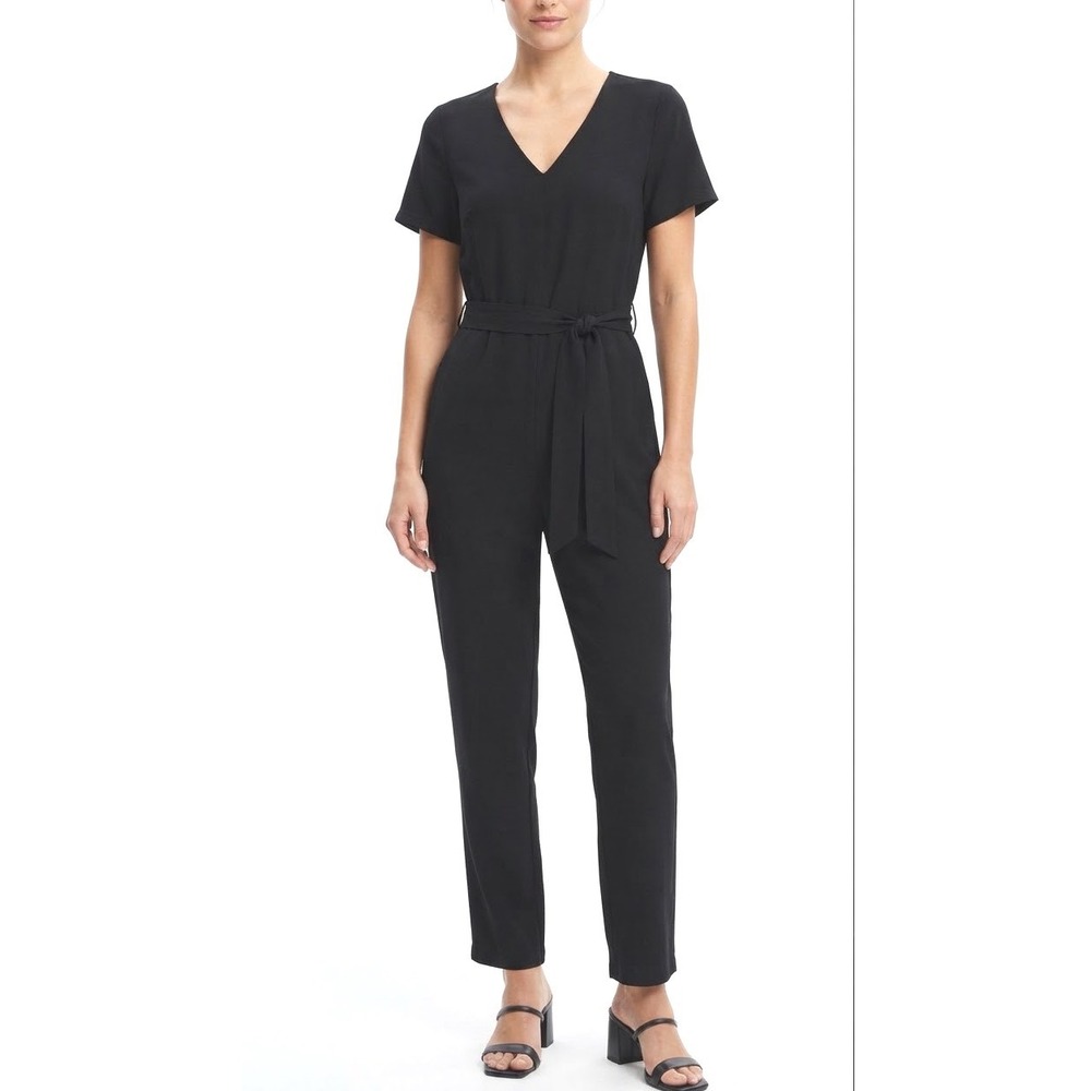 J.Crew Mercantile Womens Black Short Sleeve V-Neck Tie Waist Jumpsuit Size 00
